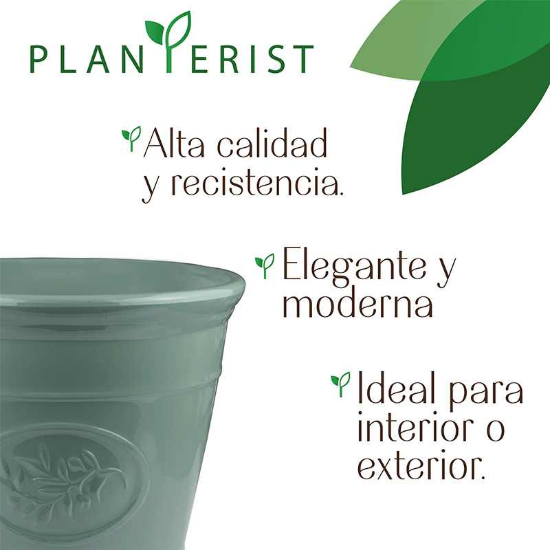 Planterist - Maceta chica - Acabado cerámico elegante vintage - Decorativa, moderna para interior o exterior - Súper resistente - Ideal para patio, jardín, terraza - Hecha de plástico PP reciclado anti UV - Medidas: 23 cm de diámetro x 23 cm de alto. Volumen interno 6L (Verde Brilloso)
