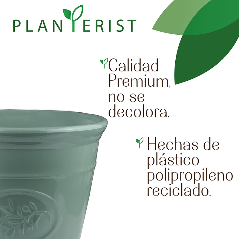 Planterist - Maceta chica - Acabado cerámico elegante vintage - Decorativa, moderna para interior o exterior - Súper resistente - Ideal para patio, jardín, terraza - Hecha de plástico PP reciclado anti UV - Medidas: 23 cm de diámetro x 23 cm de alto. Volumen interno 6L (Verde Brilloso)
