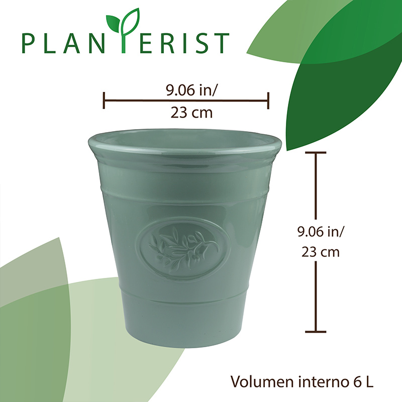 Planterist - Maceta chica - Acabado cerámico elegante vintage - Decorativa, moderna para interior o exterior - Súper resistente - Ideal para patio, jardín, terraza - Hecha de plástico PP reciclado anti UV - Medidas: 23 cm de diámetro x 23 cm de alto. Volumen interno 6L (Verde Brilloso)