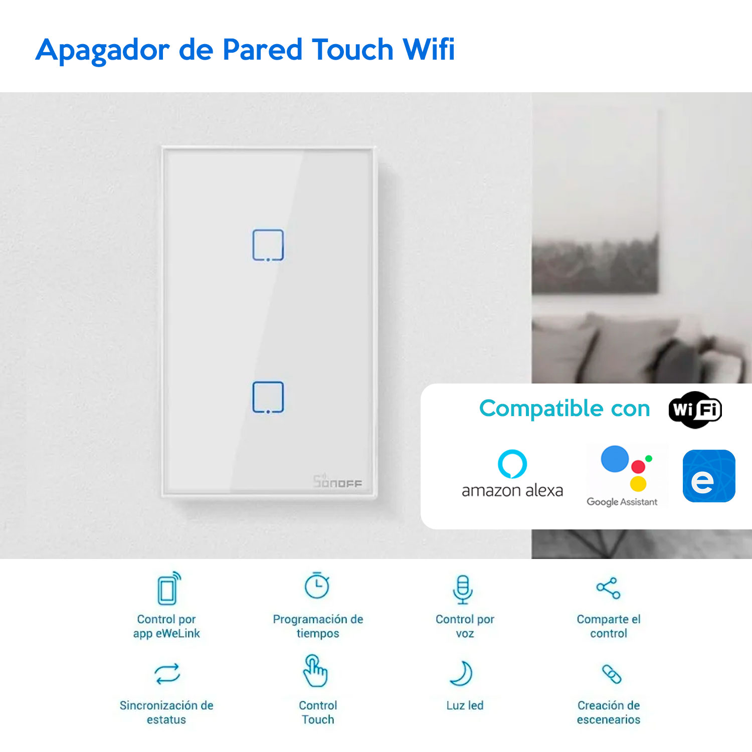 Apagador De Pared inteligente Touch Sonoff  Indicador LED para detectar más fácilmente los interruptores T2US2C Smart Wifi