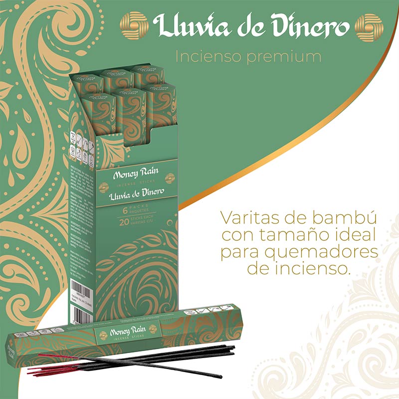 Punto Aroma - Incienso con aroma premium - Ingredientes naturales - Contenido 6 cajas con 20 varitas (Lluvia de dinero, 120 unidades)