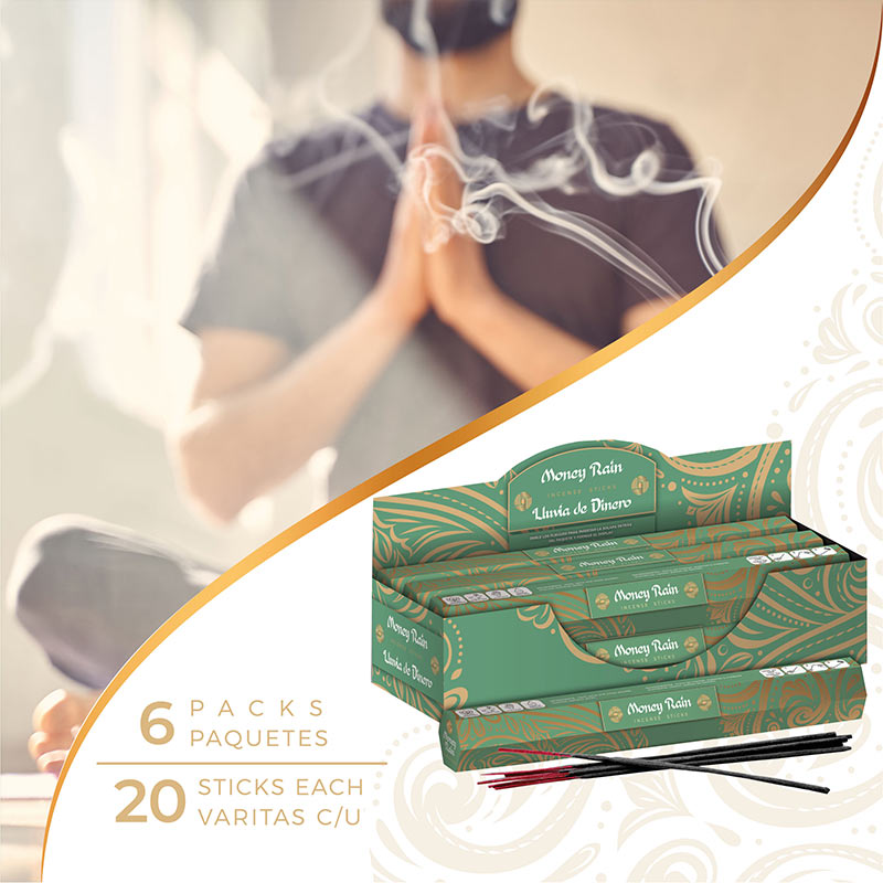 Punto Aroma - Incienso con aroma premium - Ingredientes naturales - Contenido 6 cajas con 20 varitas (Lluvia de dinero, 120 unidades)