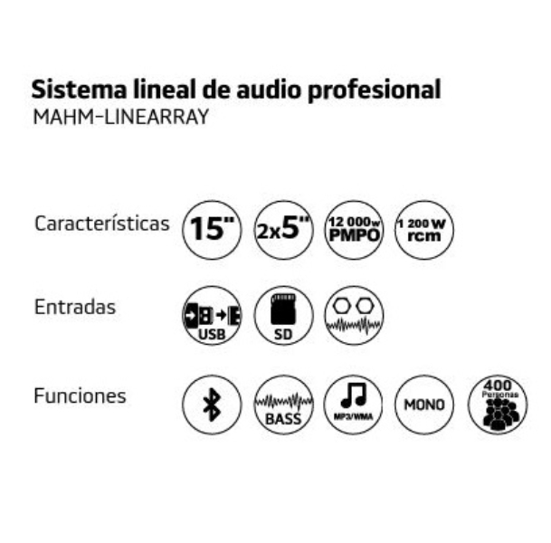 Sistema de Audio Profesional con 12000 Watts de Potencia Musical SUBWoofer 15 con 4 Bafles Pasivos 2X5 y Bluetooth / Master / MAHM-LINEARRAY