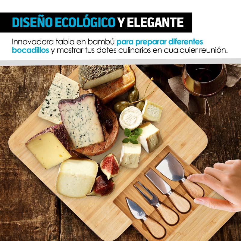 Tabla Para Quesos Y Carnes Frías De Bambú Con Accesorios Redlemon