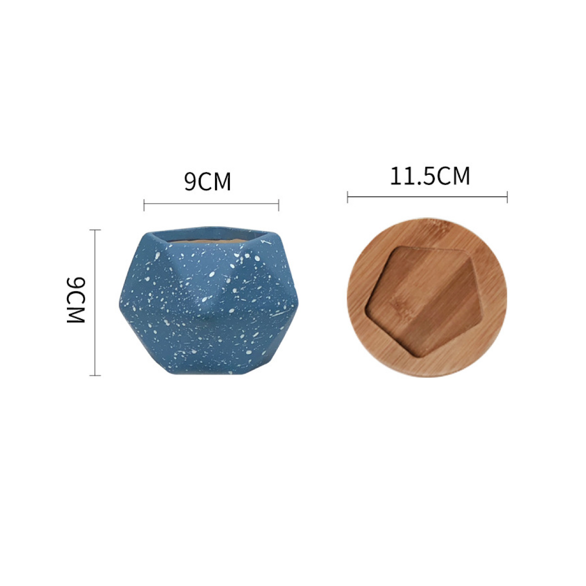  Macetero geométrico Maceta de cerámica Minimalista con Plato Base de Madera de bambú (AZUL)  