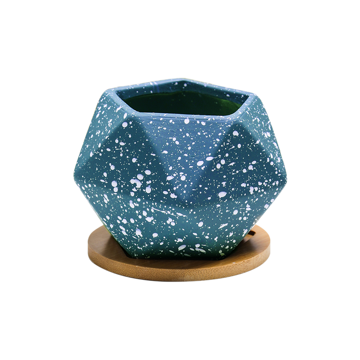 Macetero geométrico Maceta de cerámica Minimalista con Plato Base de Madera de bambú (AZUL)  