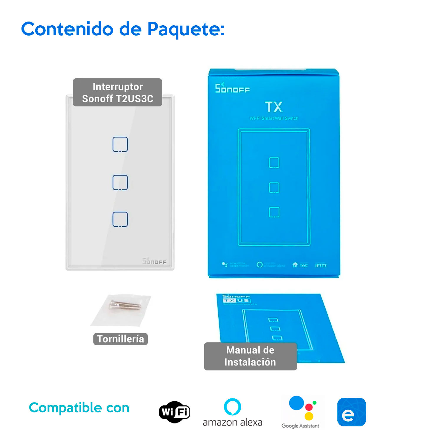 Apagador De Pared inteligente Touch Sonoff  Enciende y Apaga 3 Luces T2US3C Smart Wifi