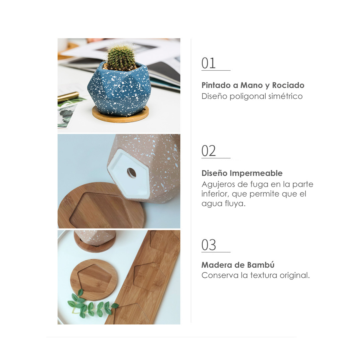 Macetero geométrico Maceta de cerámica Minimalista con Plato Base de Madera de bambú (GRIS)