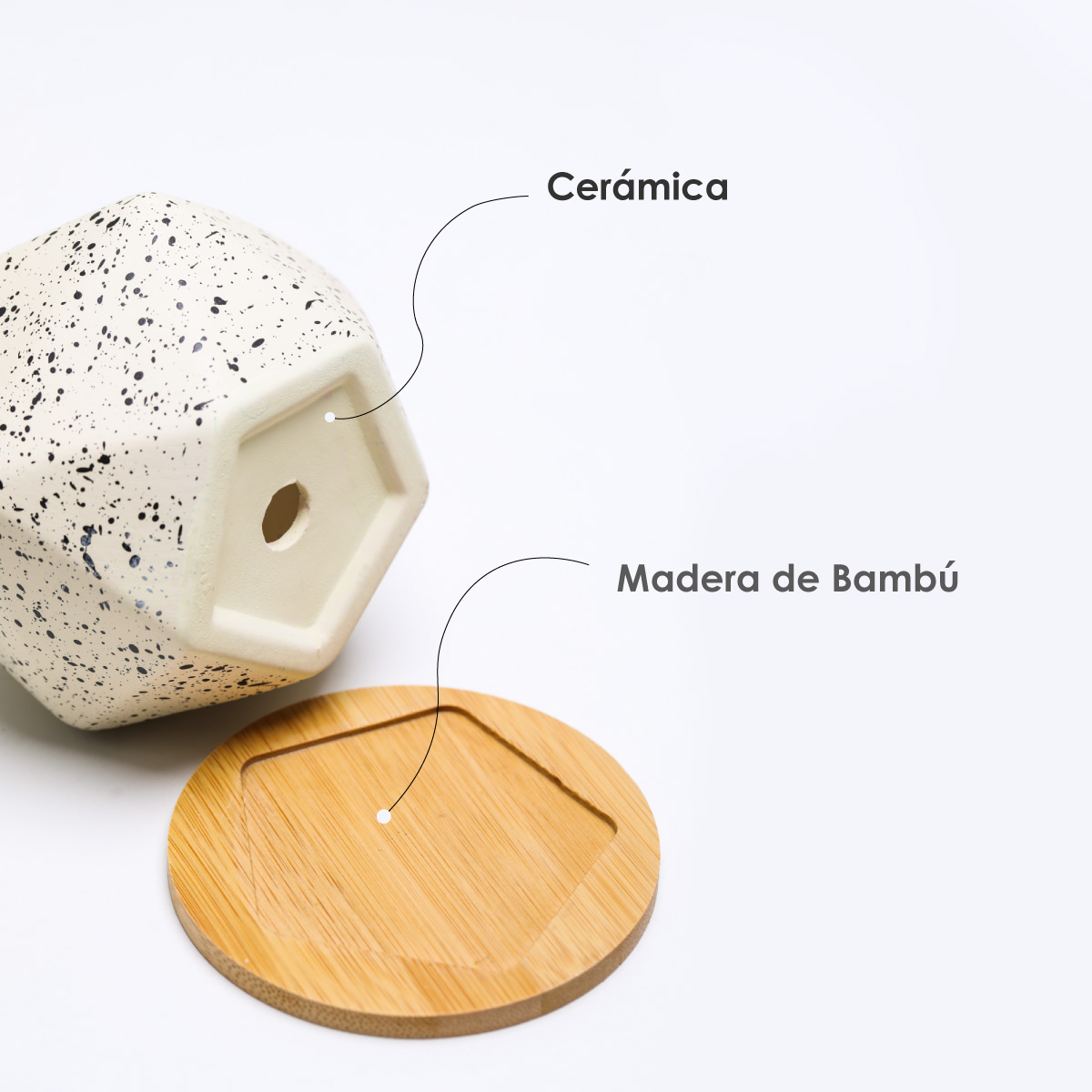 Macetero geométrico Maceta de cerámica Minimalista con Plato Base de Madera de bambú (GRIS)