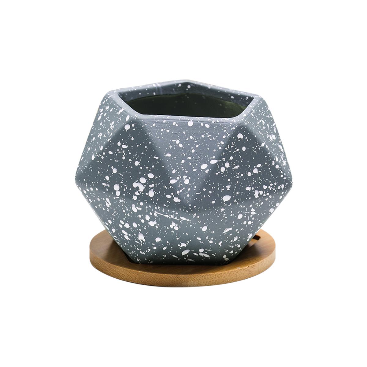 Macetero geométrico Maceta de cerámica Minimalista con Plato Base de Madera de bambú (GRIS)