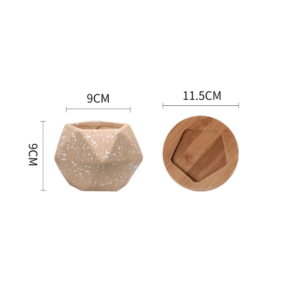 Macetero geométrico Maceta de cerámica Minimalista con Plato Base de Madera de bambú (ROSA)