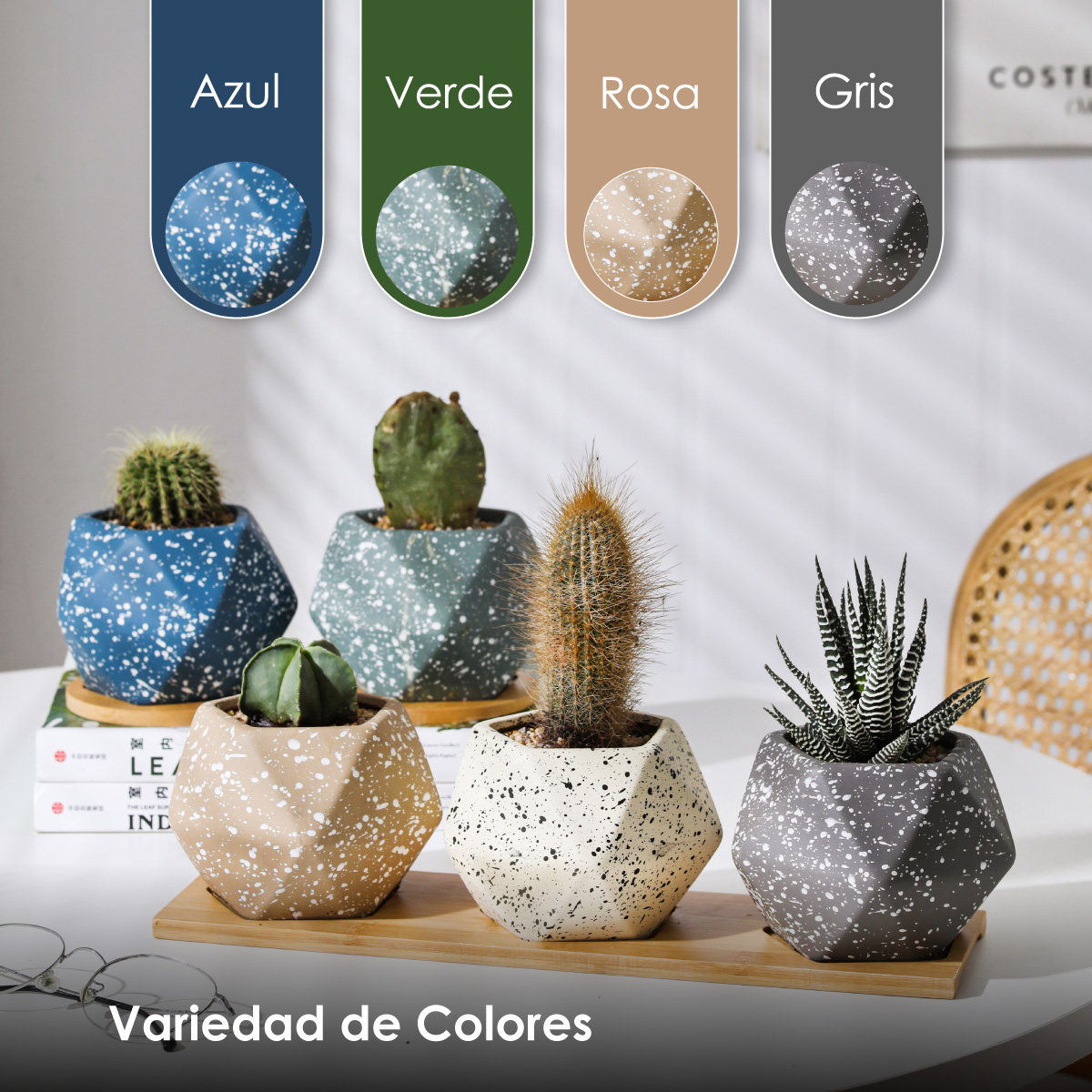Macetero geométrico Maceta de cerámica Minimalista con Plato Base de Madera de bambú (ROSA)