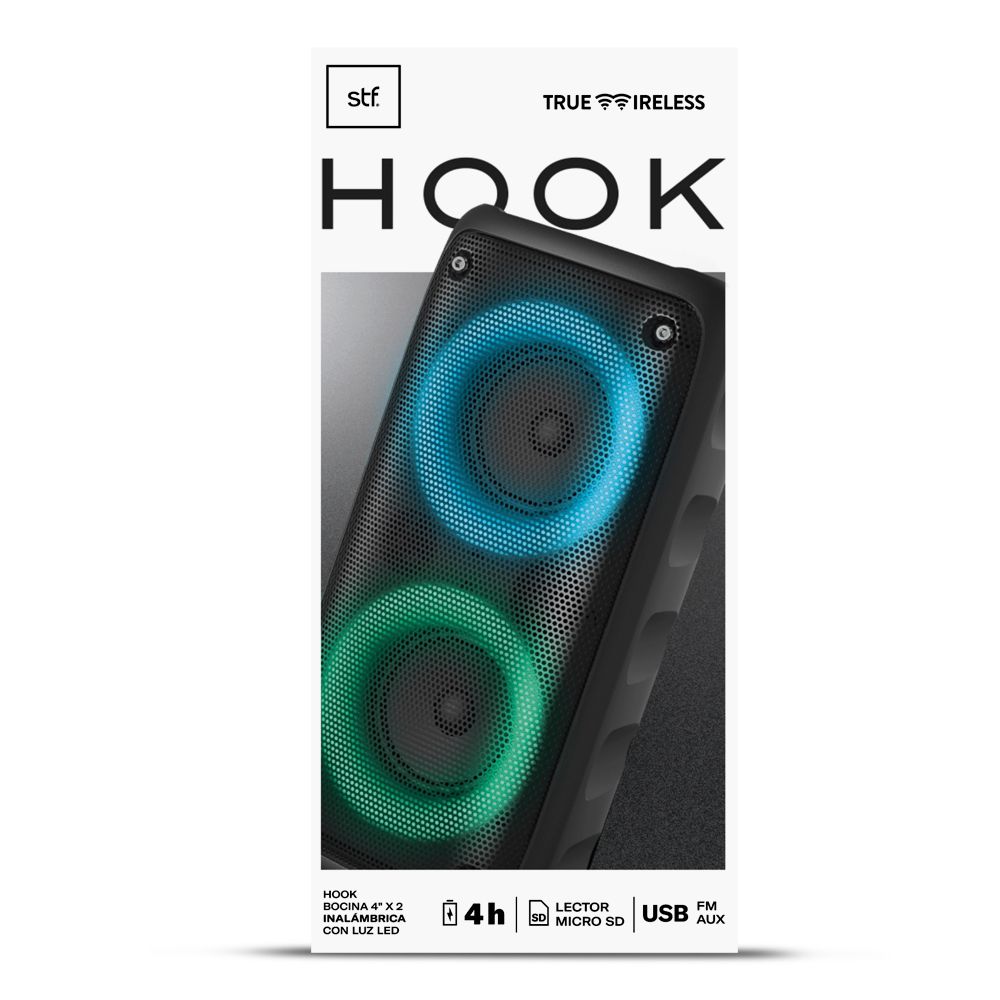 Bocina 4" x 2 Inalámbrica con Luz Led Hook STF Color Negro
