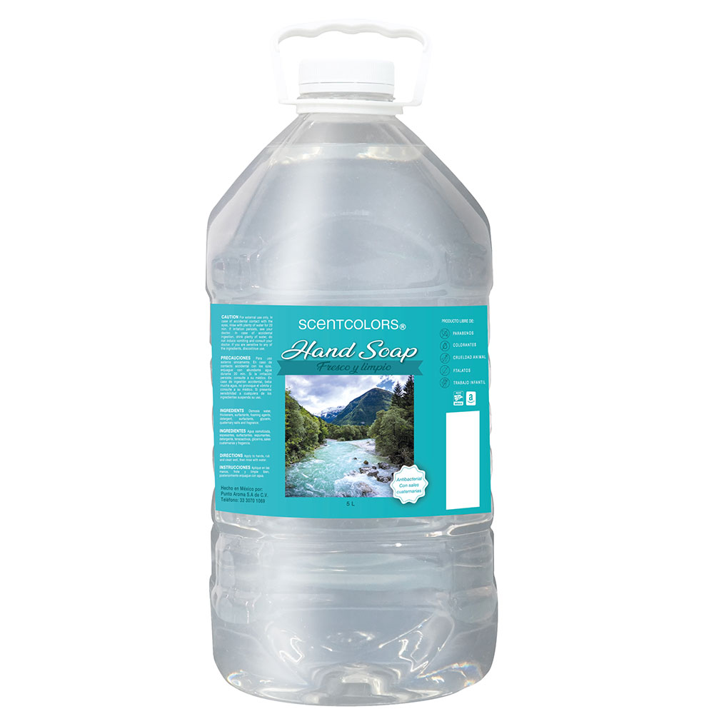 Scent Colors - Jabón para manos líquido 5L - Antibacterial - Fragancia Premium certificada - Para uso corporal - Ideal para eliminar grasa, suciedad, gérmenes y microbios (Fresco y Limpio) 