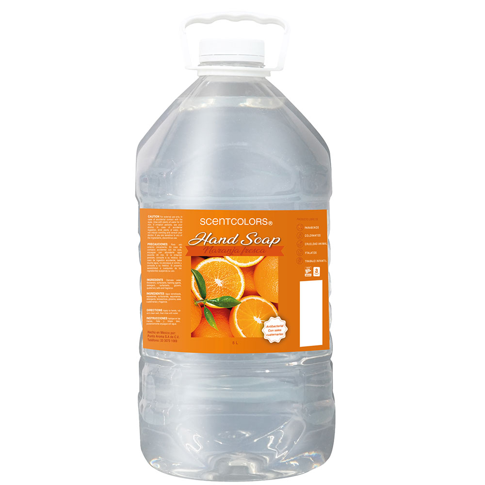 Scent Colors - Jabón para manos líquido 5L - Antibacterial - Fragancia Premium certificada - Para uso corporal - Ideal para eliminar grasa, suciedad, gérmenes y microbios (Naranja fresca)