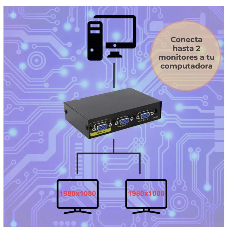 DIVISOR SPLITTER 1 ENTRADA VGA A 2 SALIDAS VGA CONECTA DOS MONITORES, COLOR DORADO