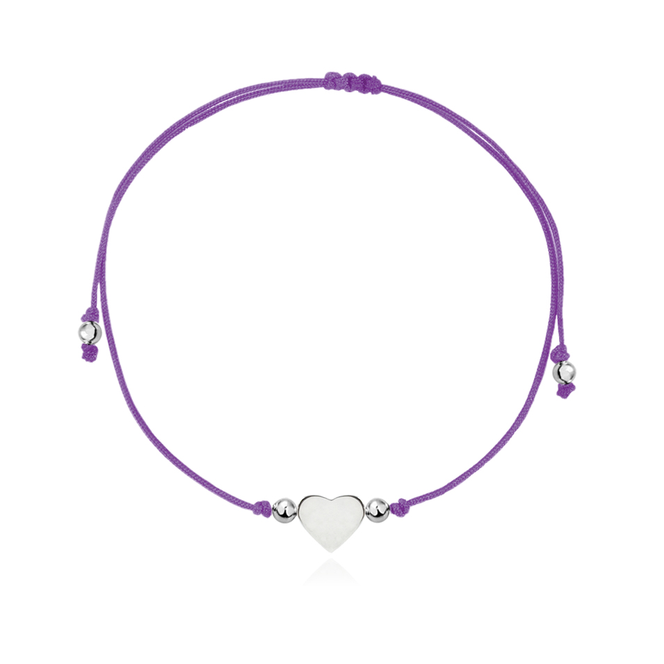 Pulsera Corazón Abombado de Plata con Hilo Morado, Colección Maite para Mujer por Anante Joyería