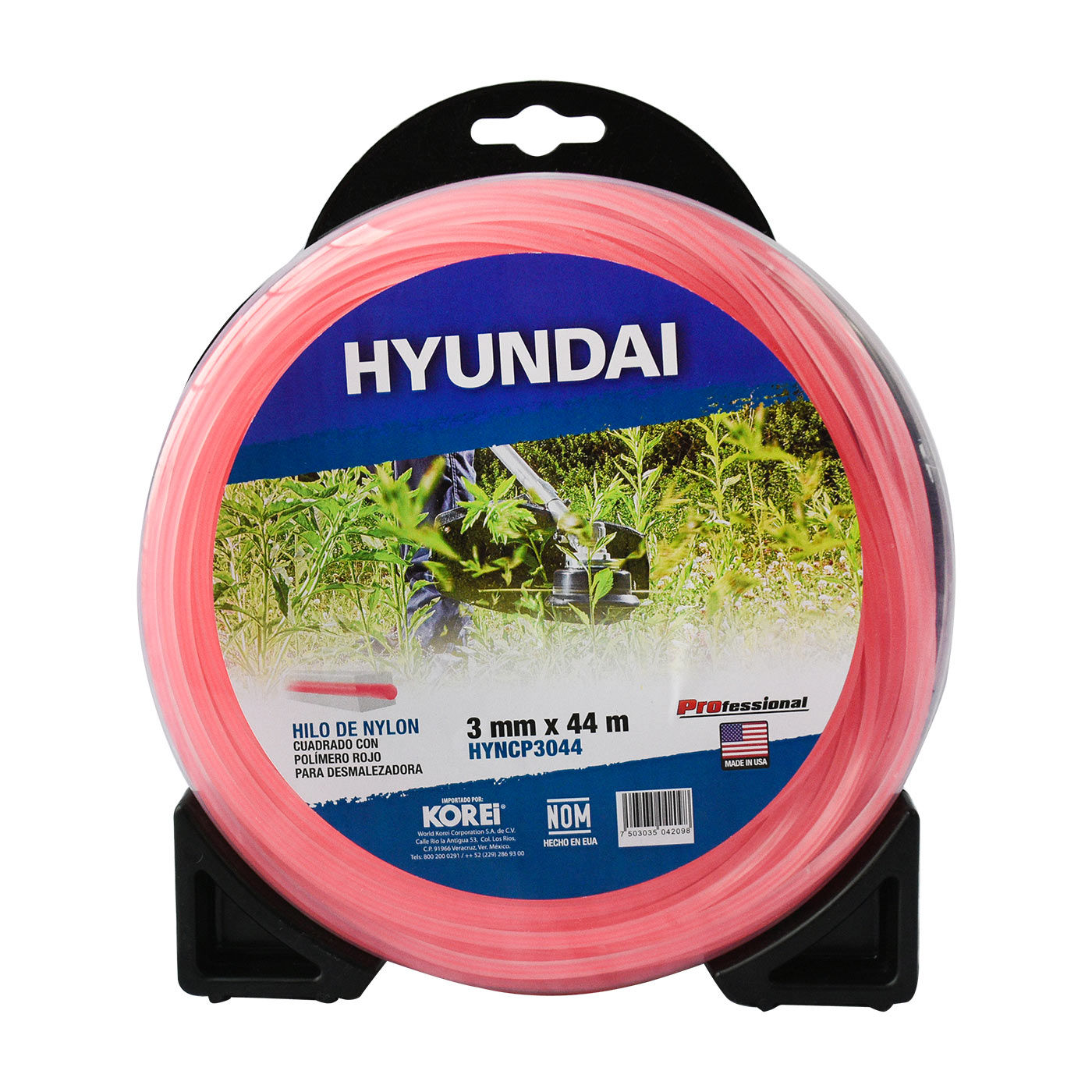 HILO NYLON CUADRADO CON POLIMERO ROJO PARA DESMALEZADORA 3.0MM X 44M HYUNDAI - HYNCP3044