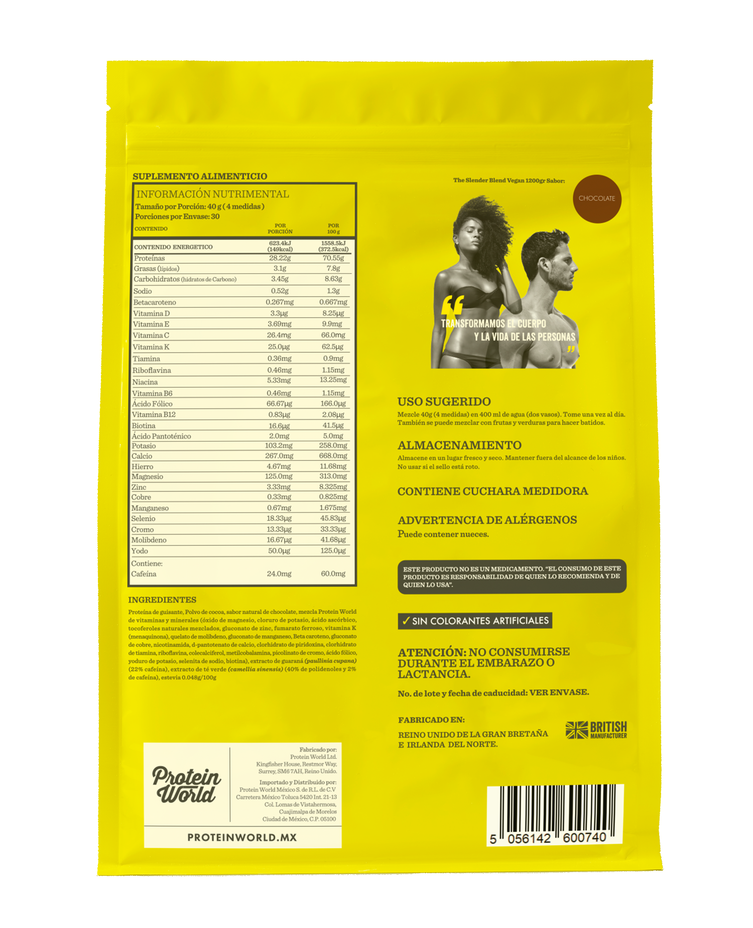 The Slender Blend Vegan Chocolate 1200 gr Proteína Control de peso Vegana a Base de Chícharo