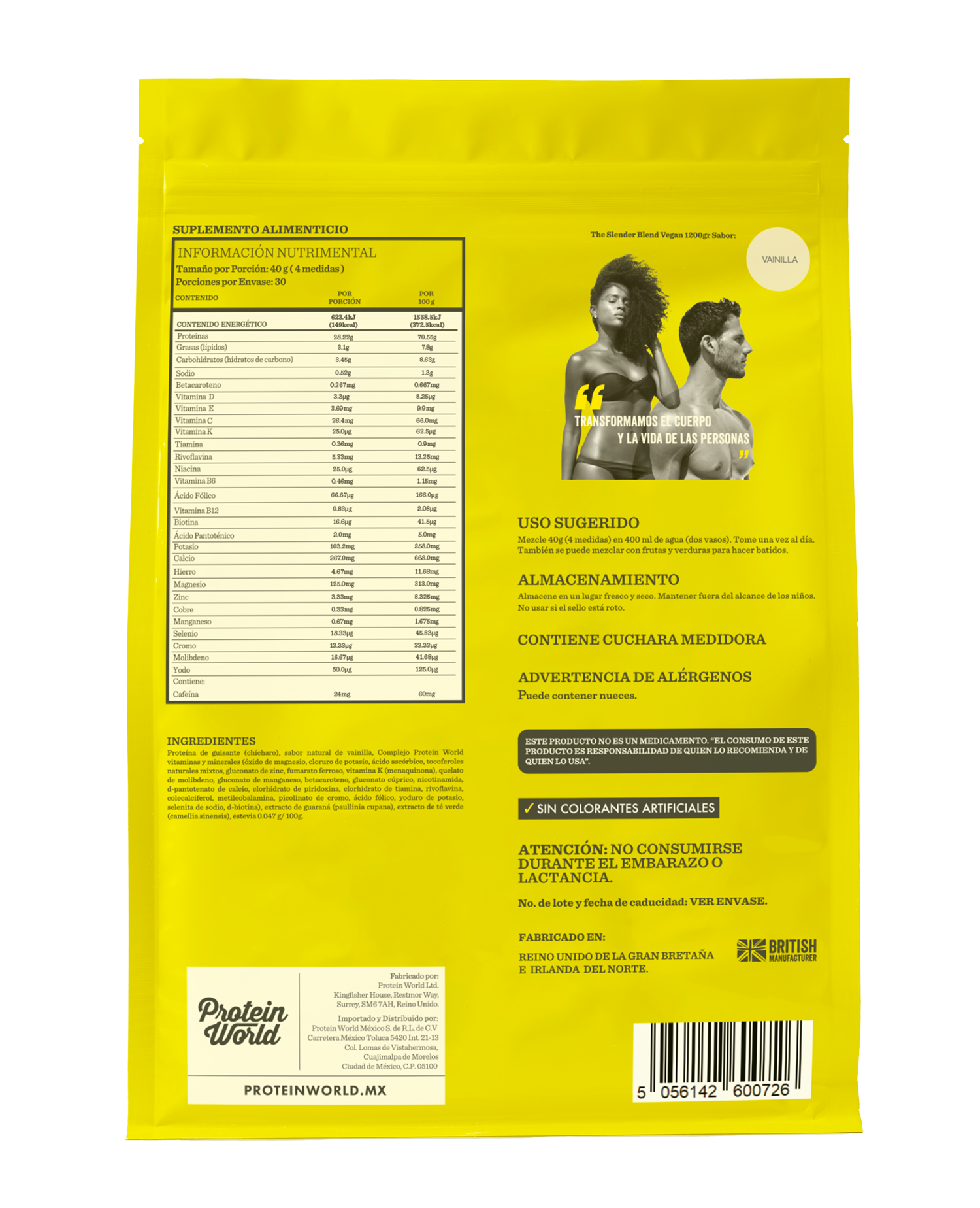 The Slender Blend Vegan Vainilla 1200 gr Proteína Control de peso Vegana a Base de Chícharo