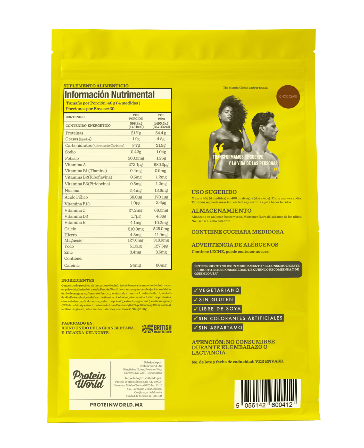 The Slender Blend Chocolate 1200 gr Proteína de Suero de Leche con Vitaminas y Minerales