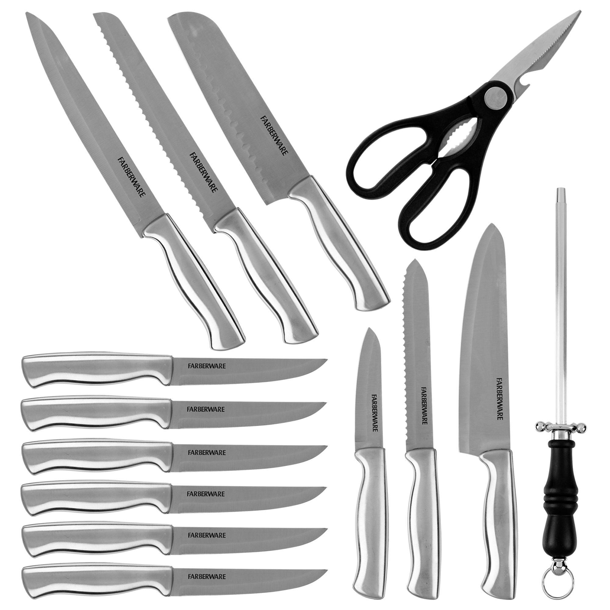 Juego de cuchillos y auxiliares con base negra Farberware de 15 Piezas de Acero inoxidable