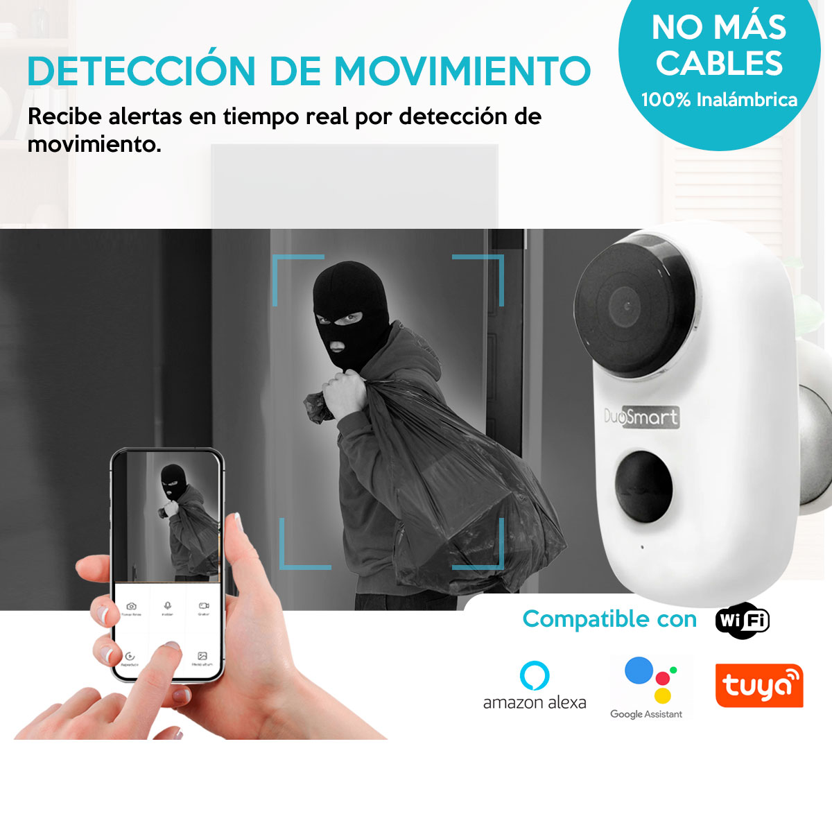 Wi-Fi Cámara con Bateria integrada de larga duración 1080p WiFi Duosmart E40 compatible con Amazon Alexa, Google Home, Tuya, con posibilidad de respaldar en la nube
