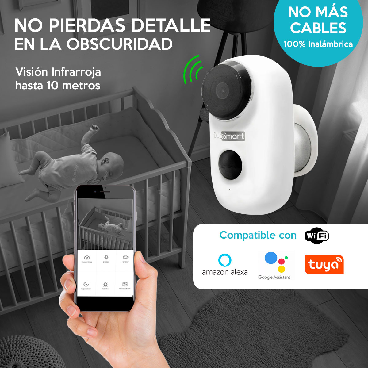 Wi-Fi Cámara con Bateria integrada de larga duración 1080p WiFi Duosmart E40 compatible con Amazon Alexa, Google Home, Tuya, con posibilidad de respaldar en la nube
