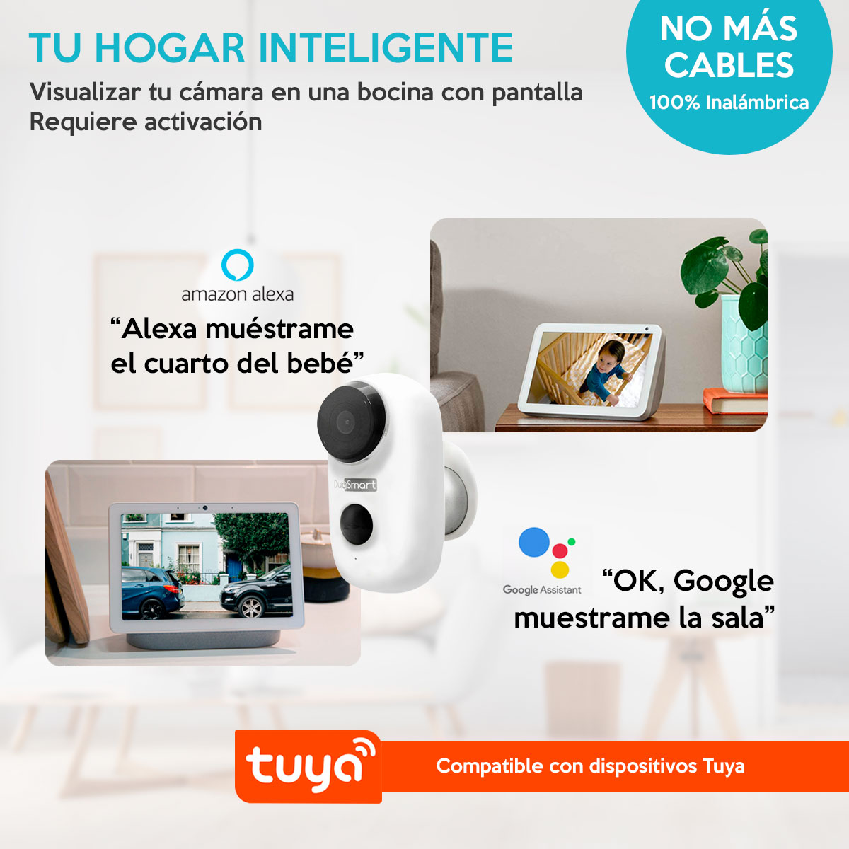Wi-Fi Cámara con Bateria integrada de larga duración 1080p WiFi Duosmart E40 compatible con Amazon Alexa, Google Home, Tuya, con posibilidad de respaldar en la nube