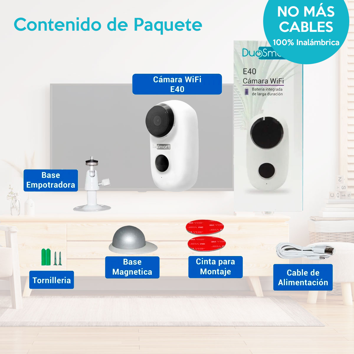 Wi-Fi Cámara con Bateria integrada de larga duración 1080p WiFi Duosmart E40 compatible con Amazon Alexa, Google Home, Tuya, con posibilidad de respaldar en la nube