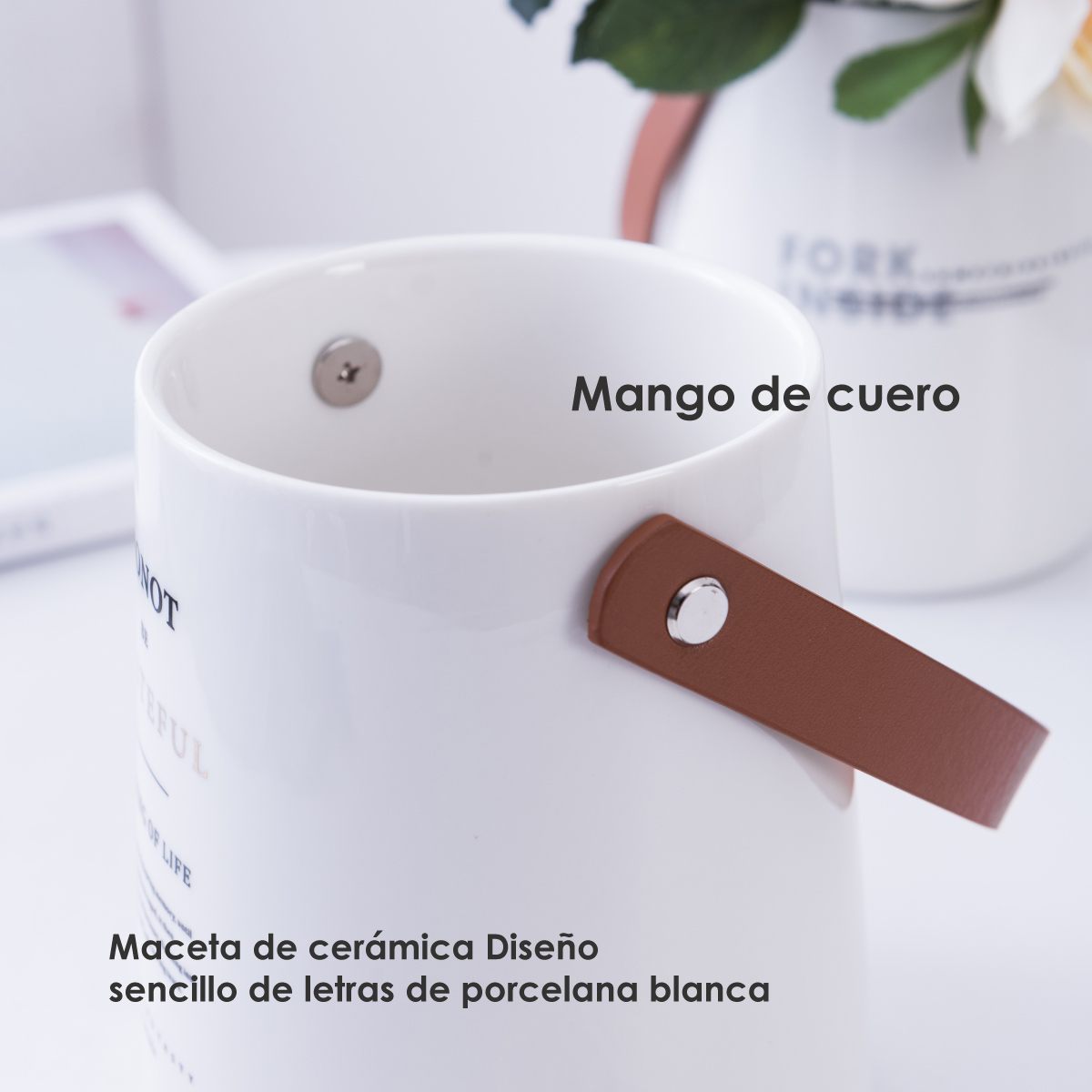 Macetero asa de cuero maceta de cerámica organizador multifuncional con letras de decoracion (DONOT)
