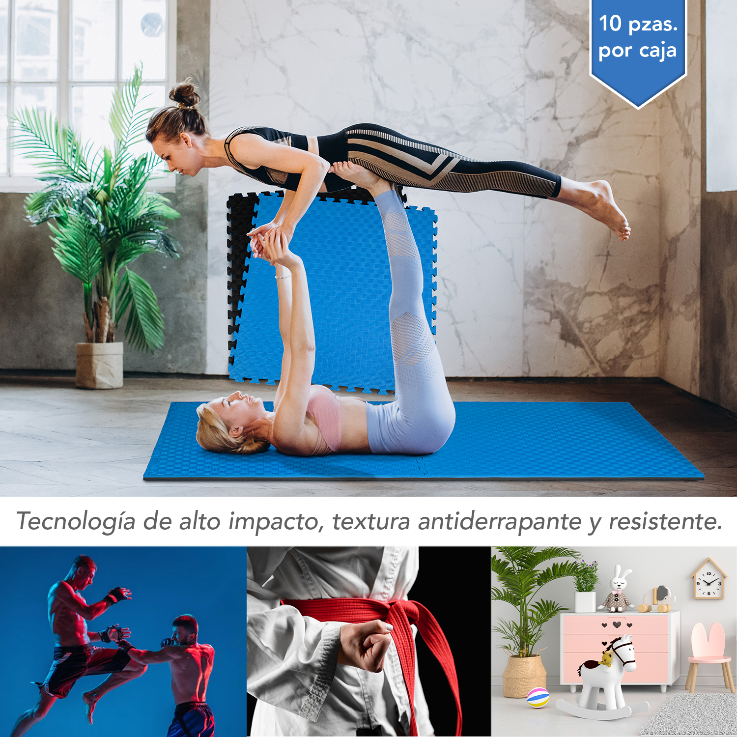 Tatami Tapete Ejercicio Foamy 10 piezas Piso 100 x 100 cm Gym Artes Marciales 2cm Antiderrapante Azul Negro