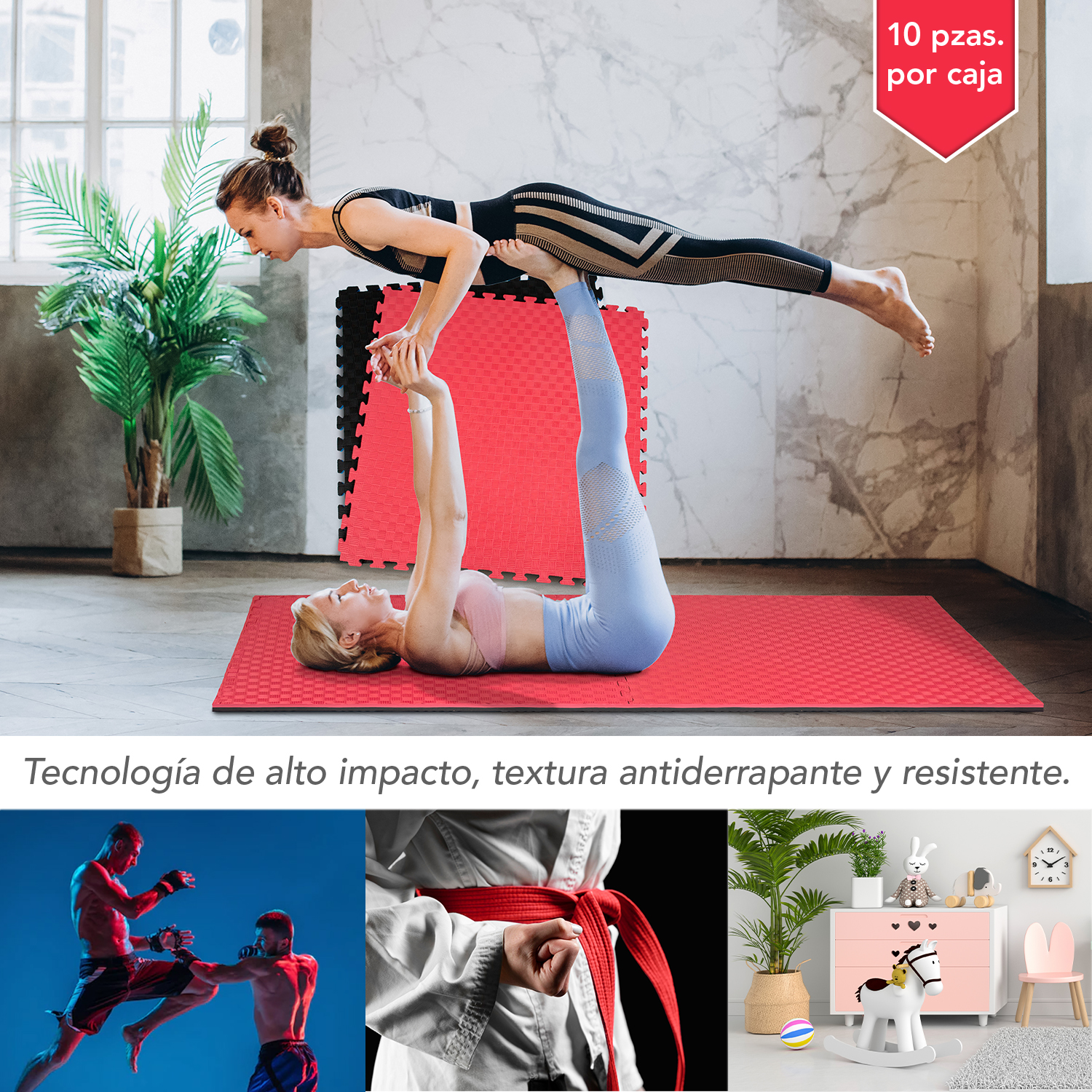 Tatami Tapete Ejercicio Foamy 10 piezas Piso 100 x 100 cm Gym Artes Marciales 2cm Antiderrapante Rojo Negro