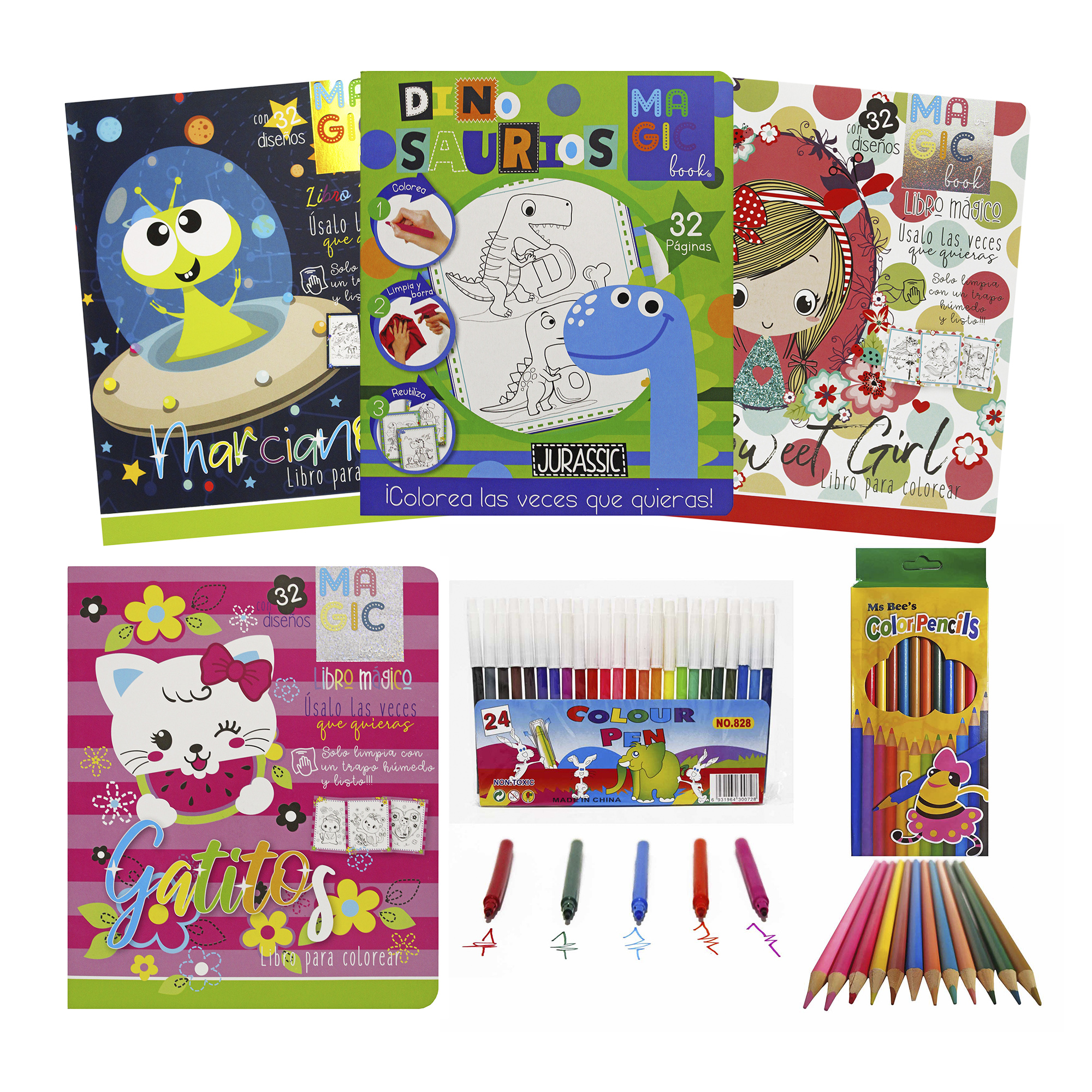 Dinosaurios, Marcianos, Gatitos, 4 Libros para colorear borrables + 24 plumones + 12 colores