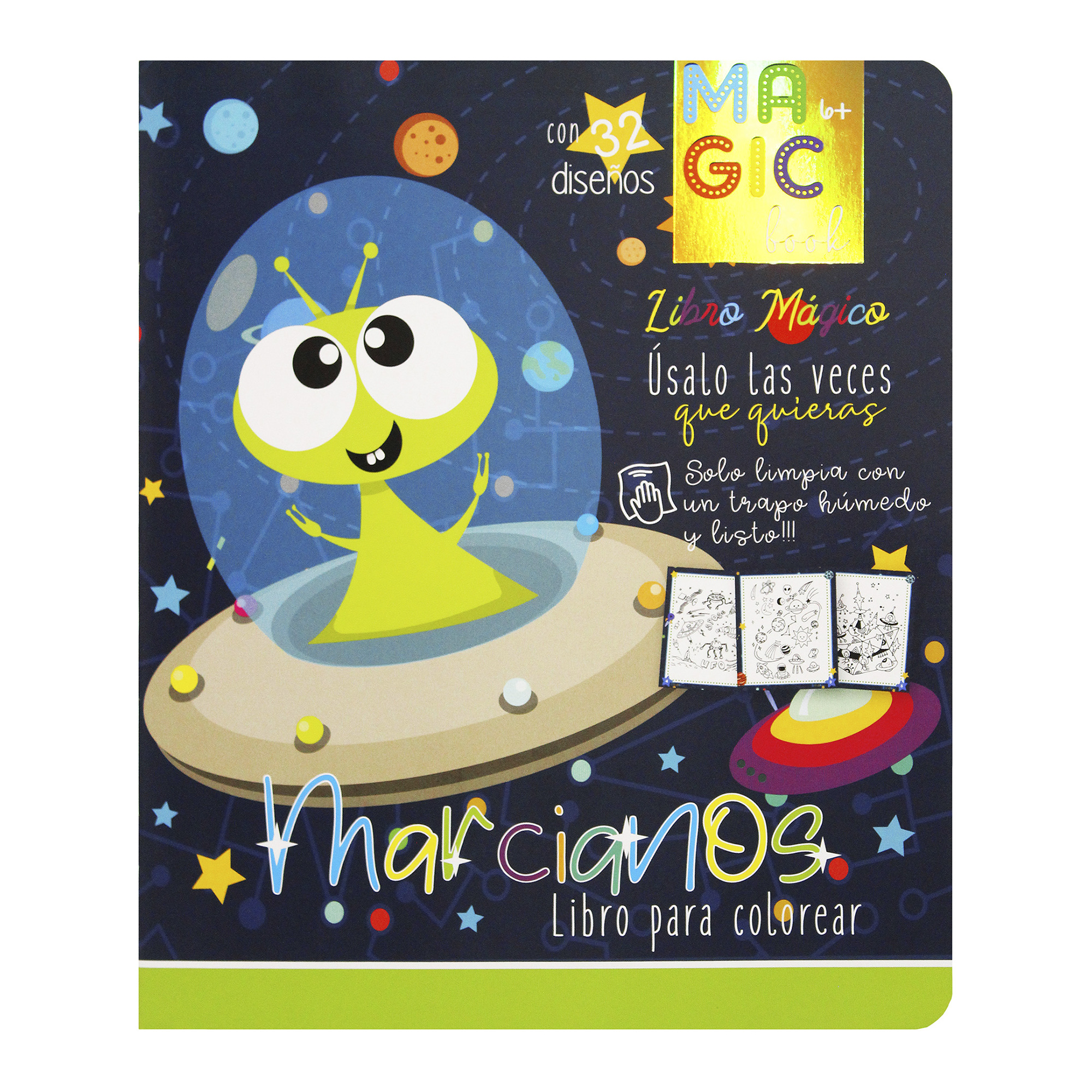 Dinosaurios, Marcianos, Gatitos, 4 Libros para colorear borrables + 24 plumones + 12 colores