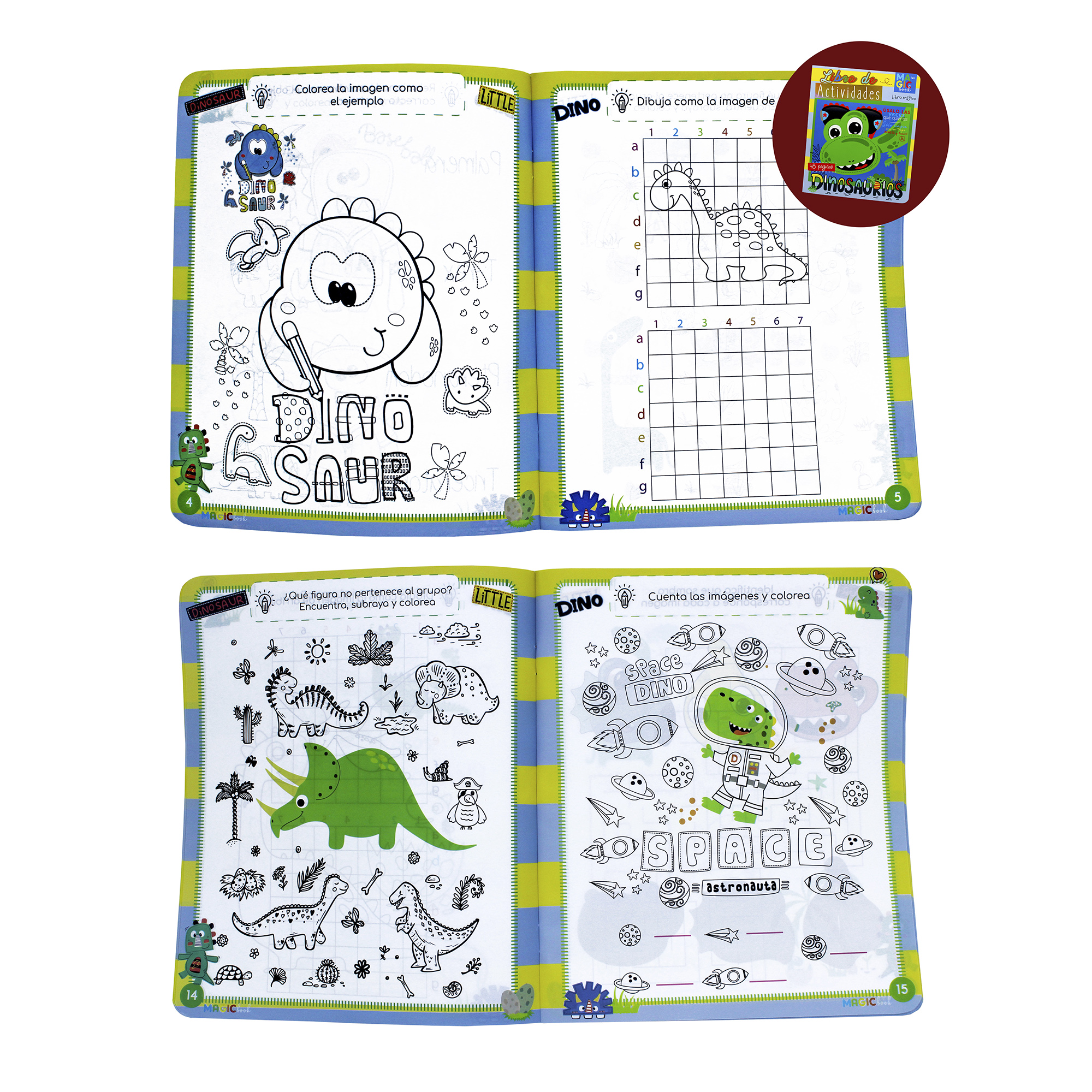 Dinosaurios, Marcianos, Gatitos, 4 Libros para colorear borrables + 24 plumones + 12 colores