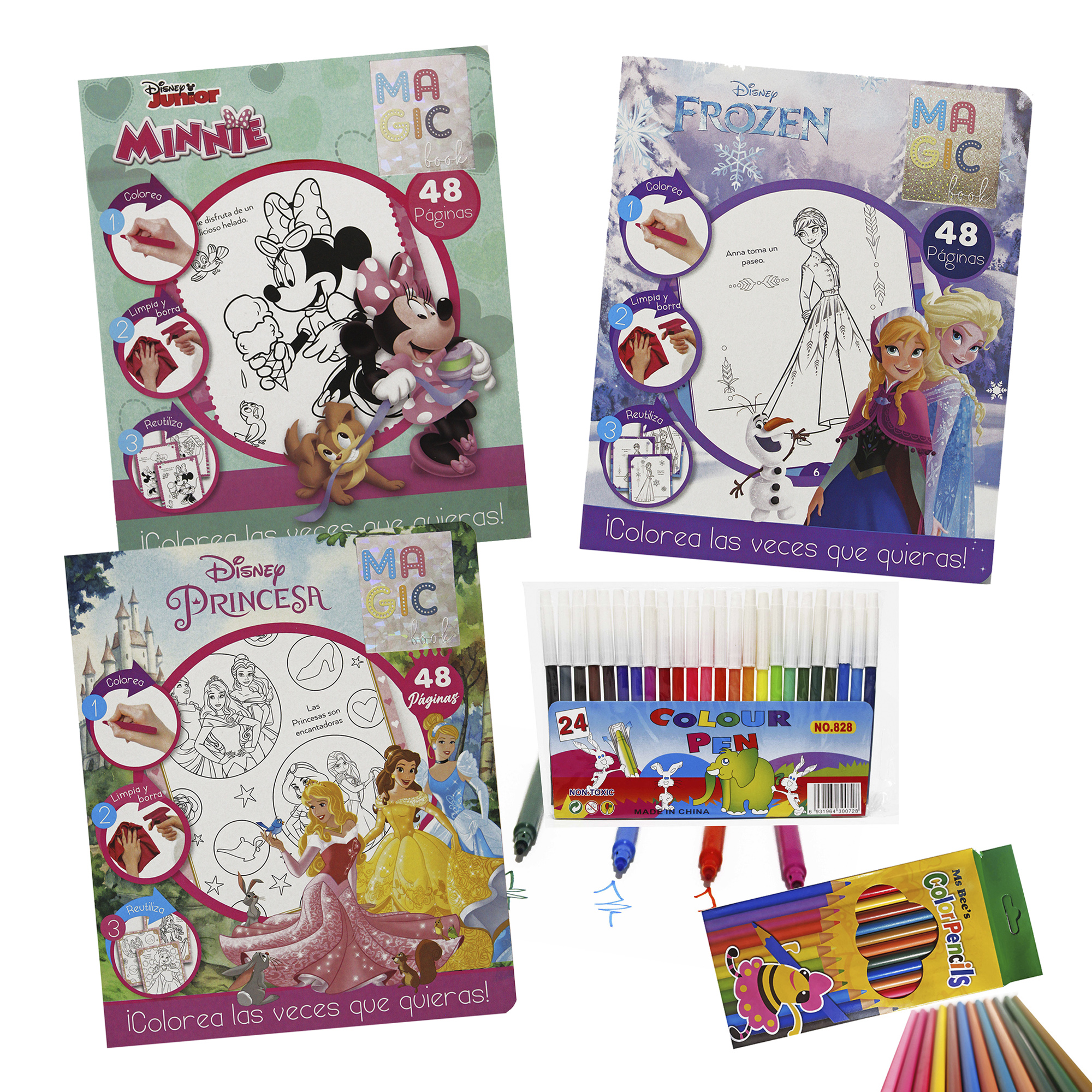 Frozen, Princesas, Minnie, 3 Libros para colorear borrables + 24 plumones + 12 colores