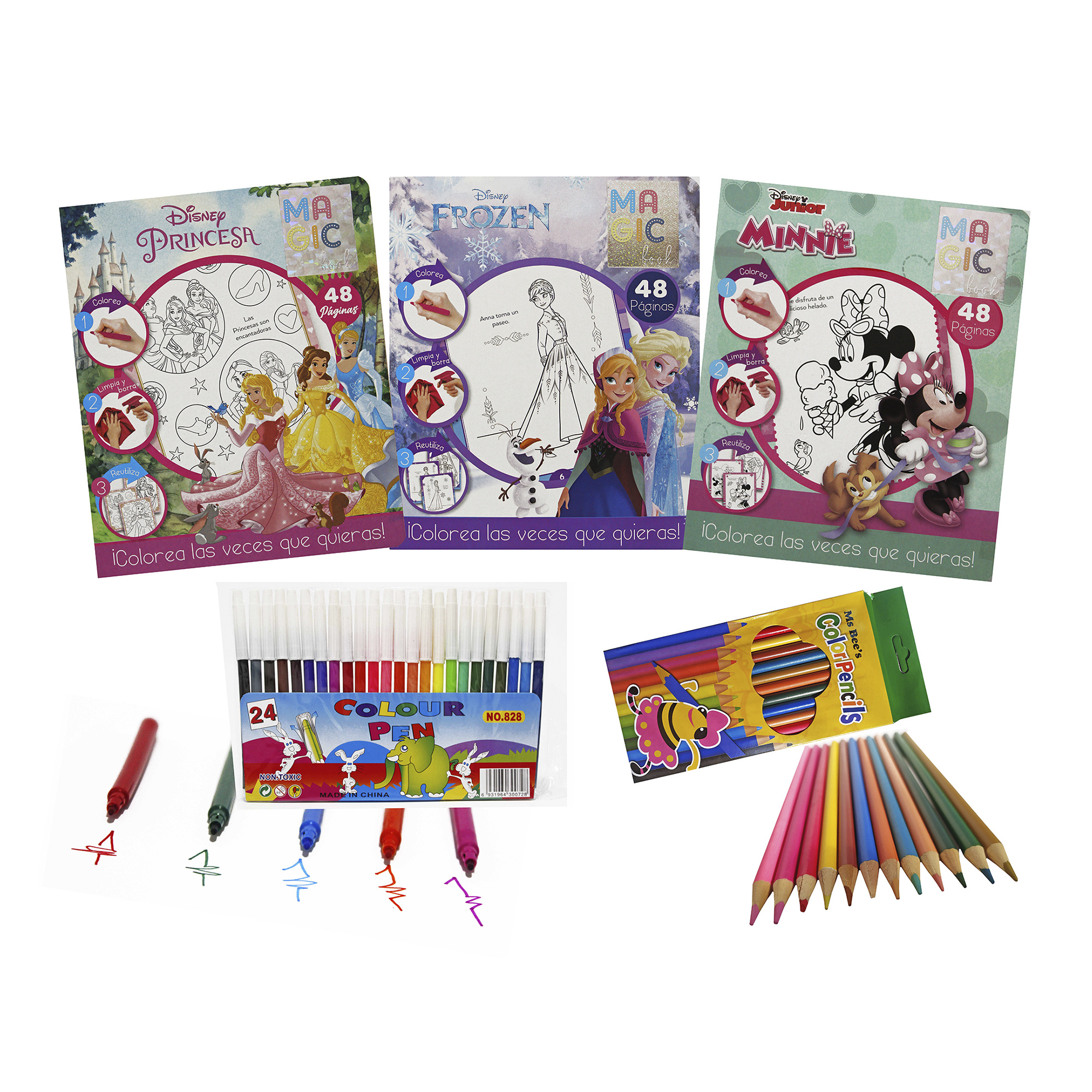 Frozen, Princesas, Minnie, 3 Libros para colorear borrables + 24 plumones + 12 colores