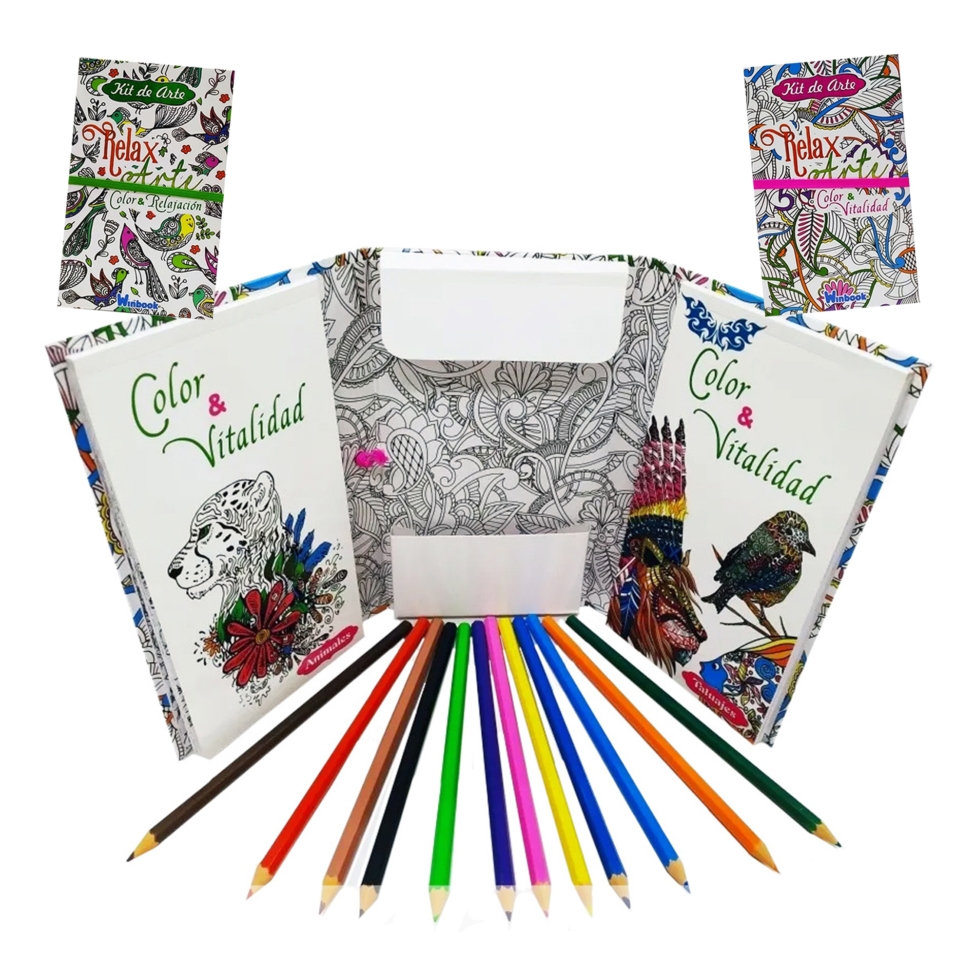 2 Estuches Mandalas para colorear con más de 120 diseños + 24 colores de madera