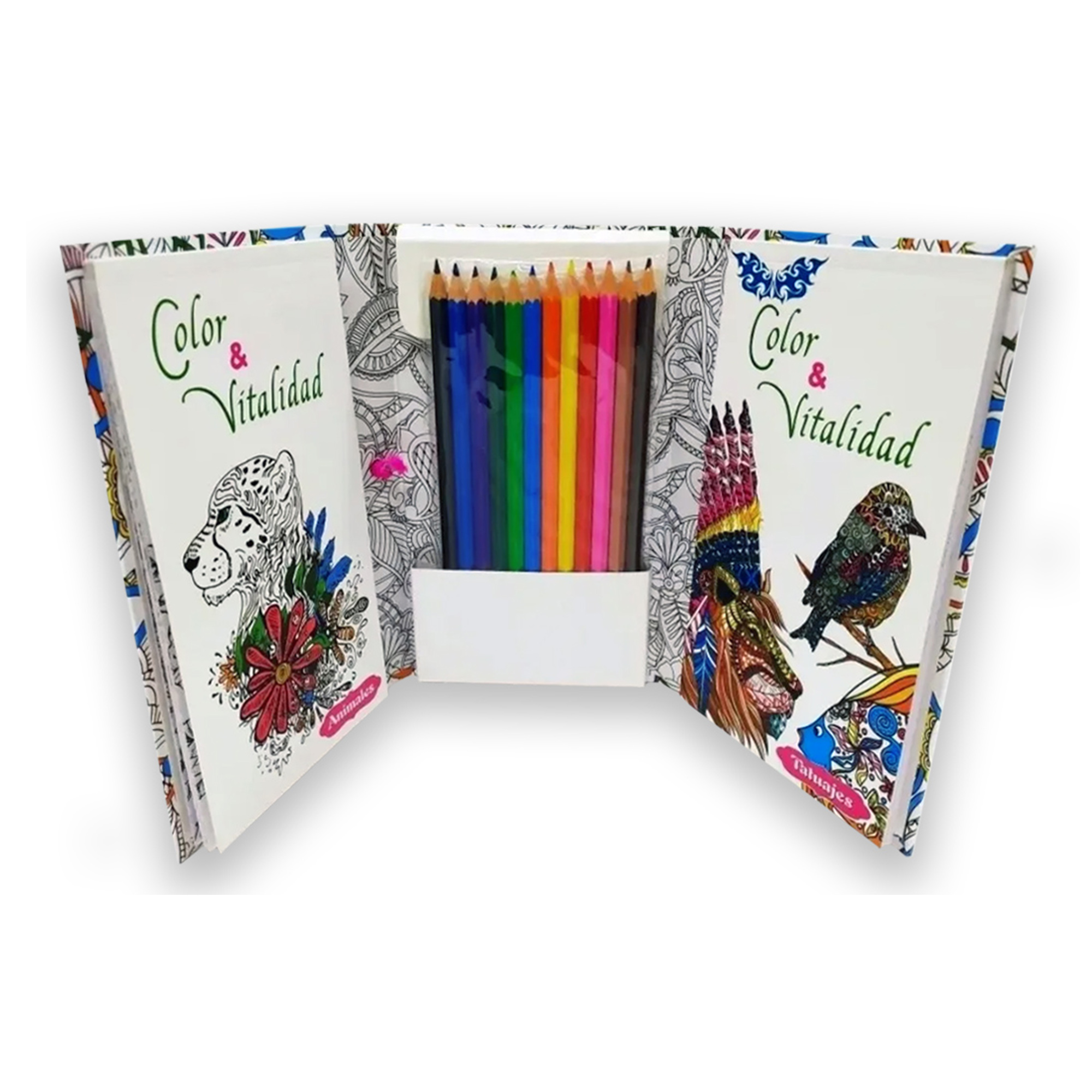 2 Estuches Mandalas para colorear con más de 120 diseños + 24 colores de madera