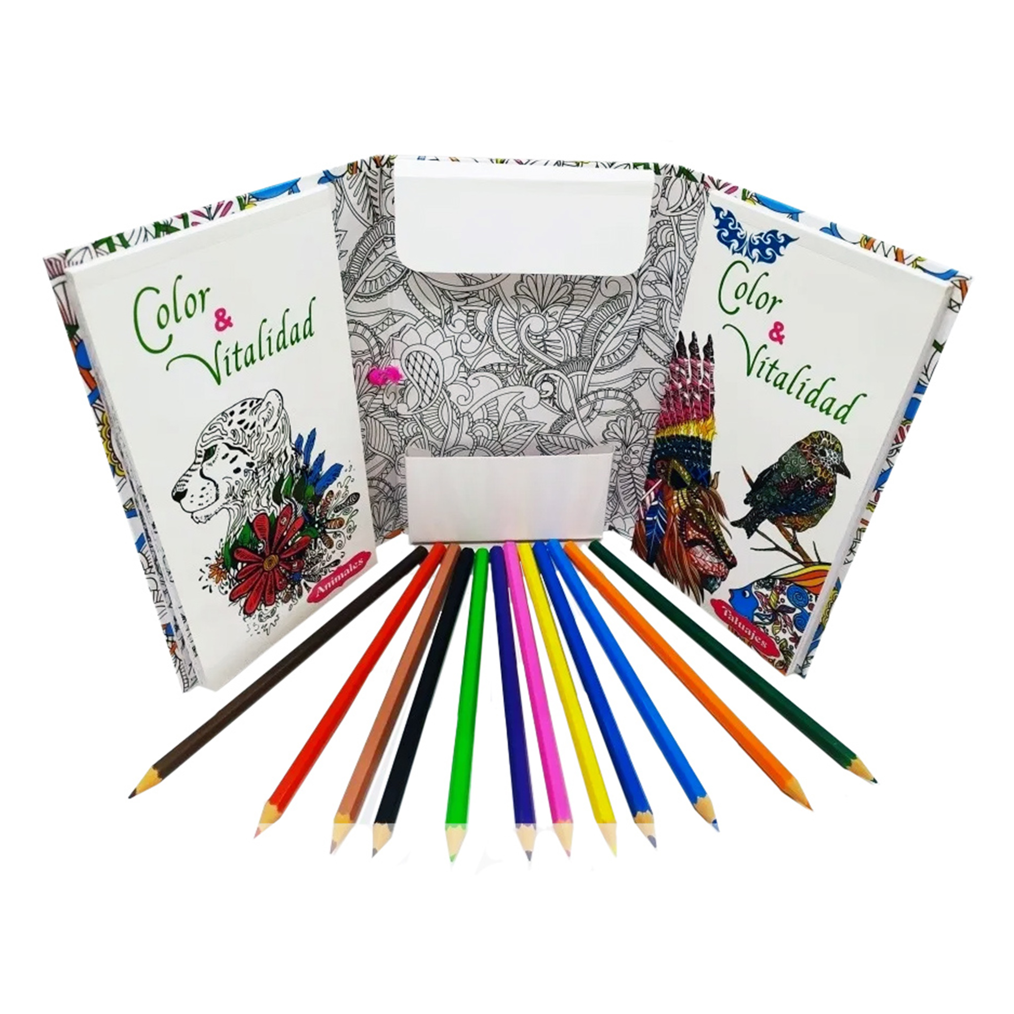 2 Estuches Mandalas para colorear con más de 120 diseños + 24 colores de madera