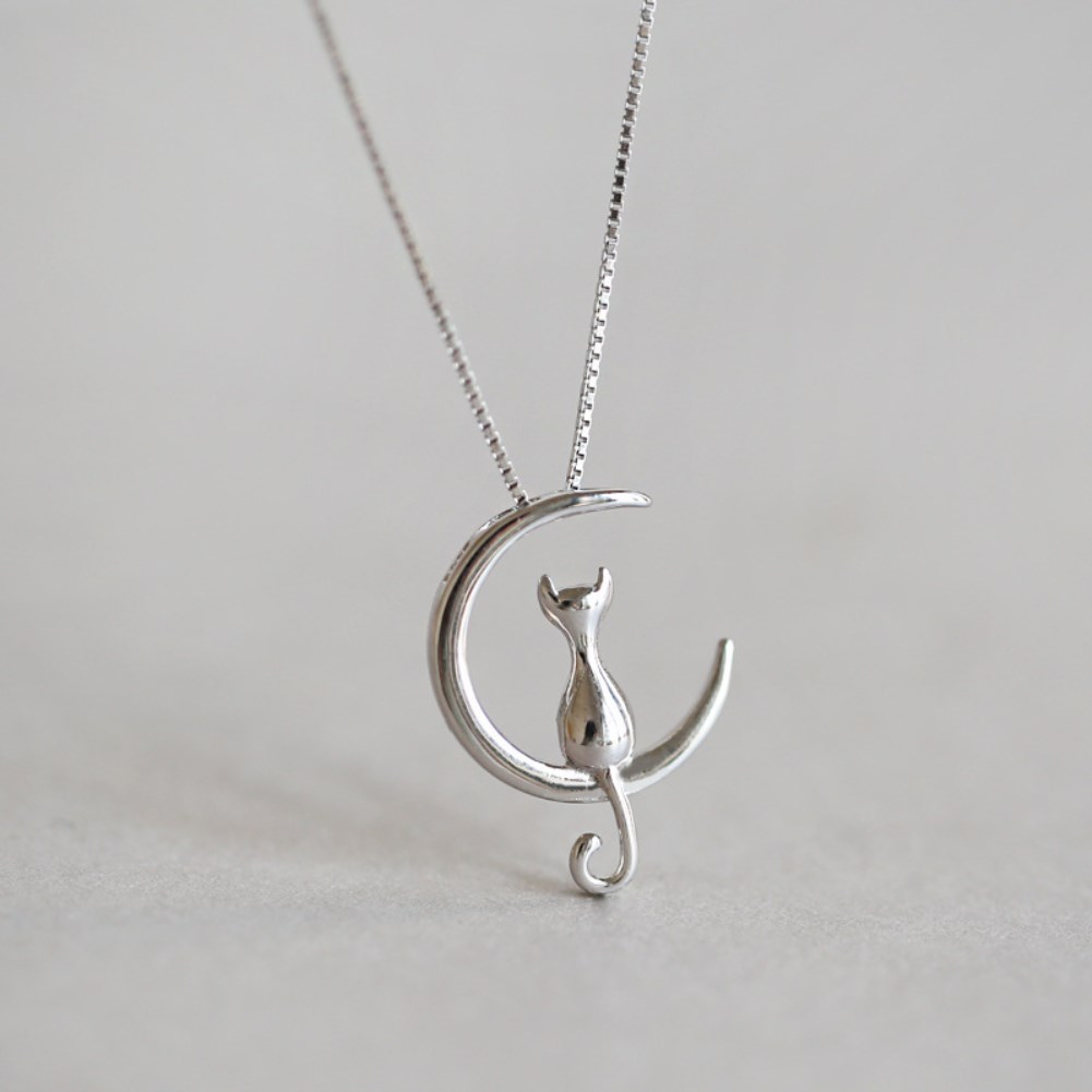 Collar Plata 925  Diseño Luna Gato plateado