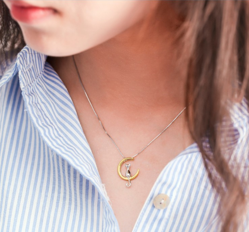 Collar Plata 925  Diseño Luna Gato dorado