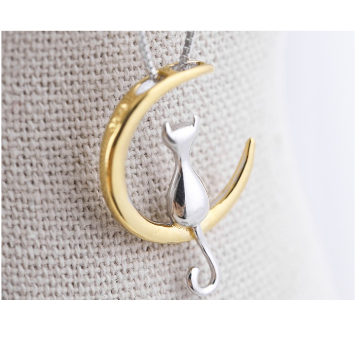 Collar Plata 925  Diseño Luna Gato dorado