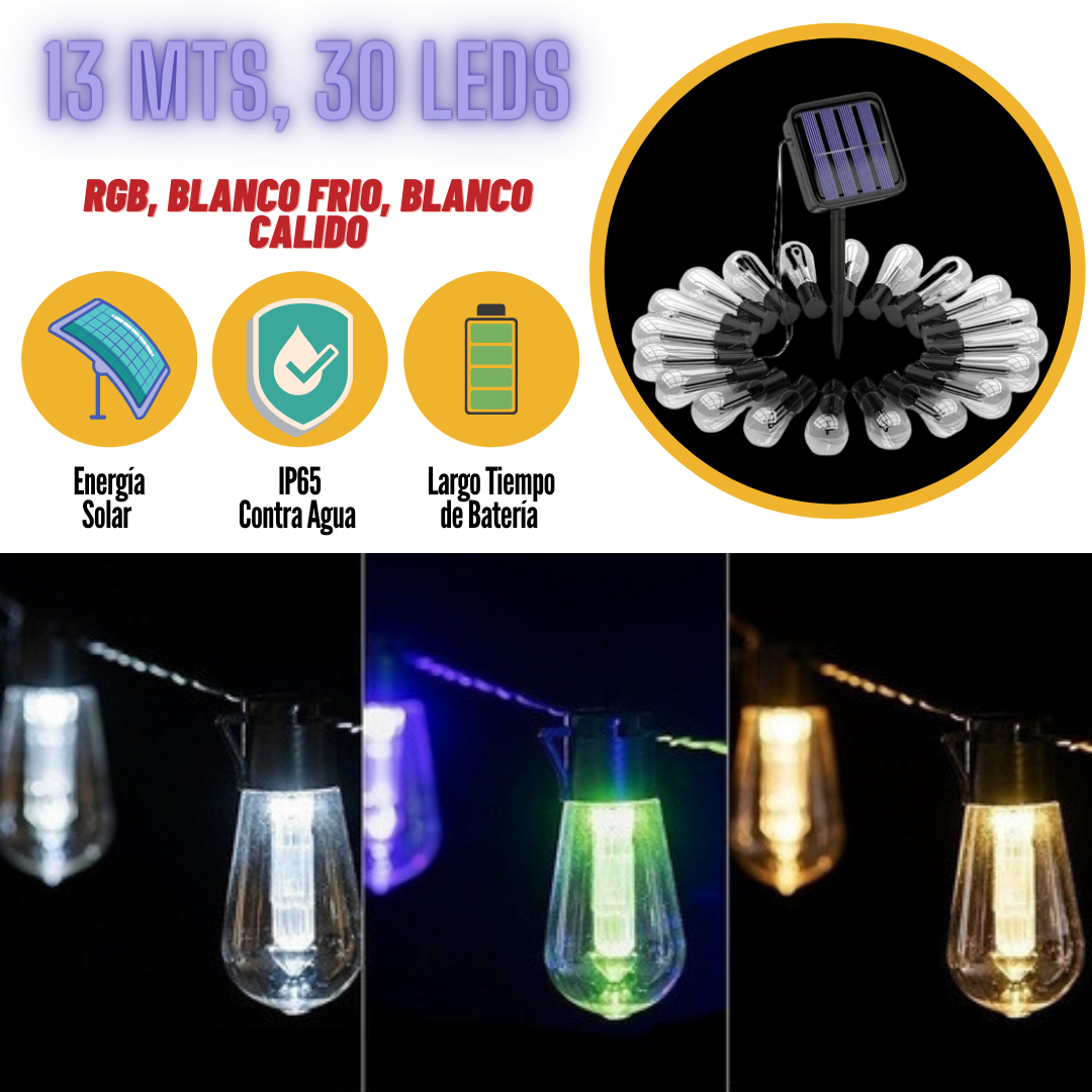 Serie Focos Vintage Exterior Decorativos 13 Metros 30 focos RGBHUB SOLAR DOSYU