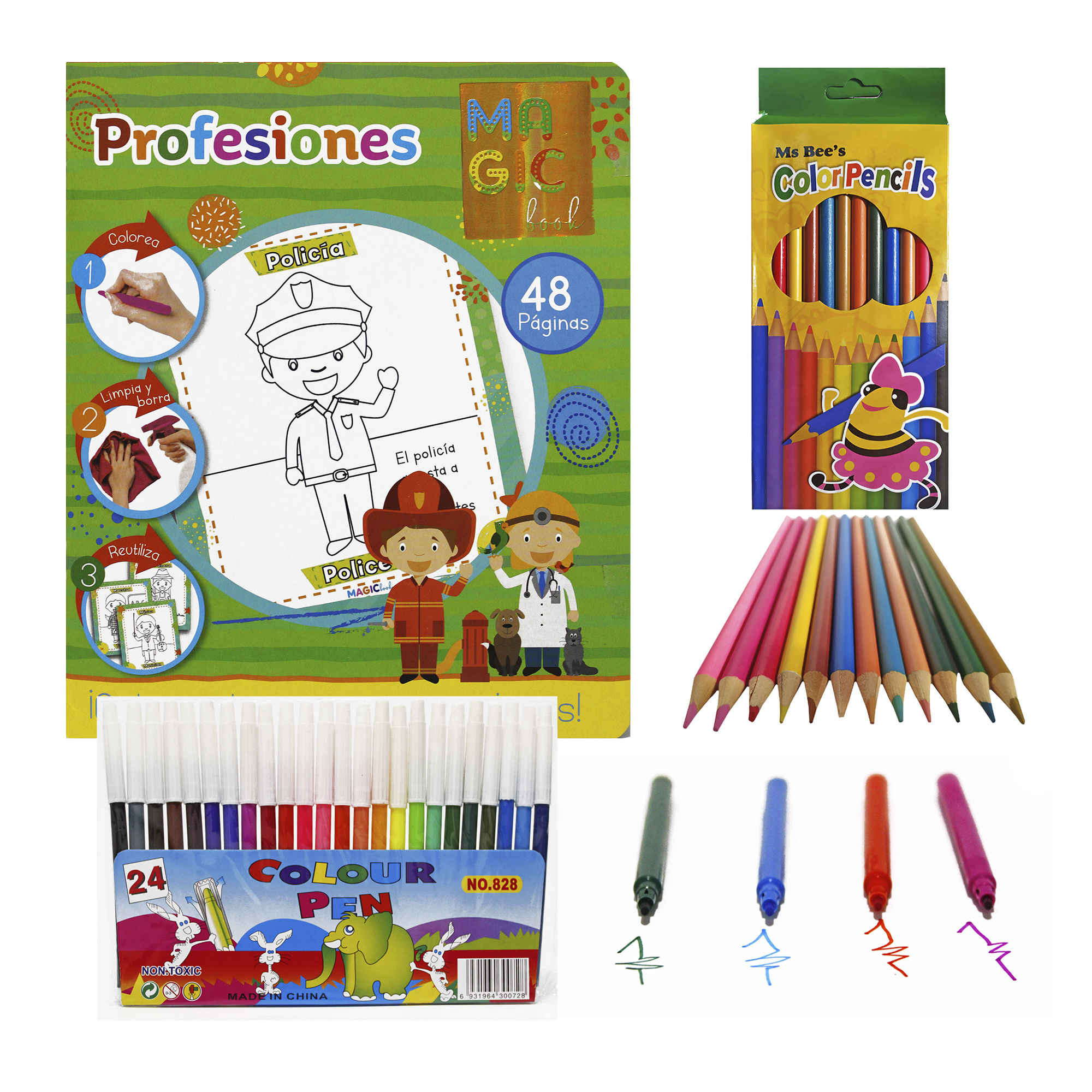 Profesiones, libro bilingüe para colorear borrable, incluye 24 plumones y 12 colores 