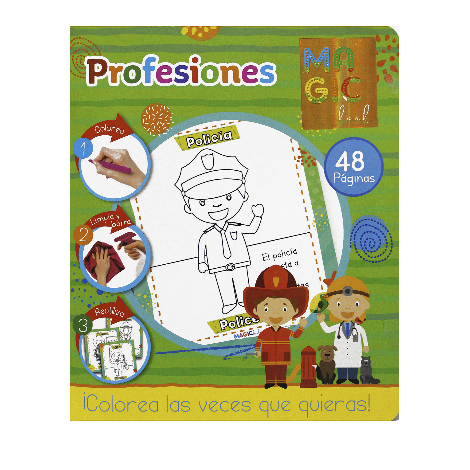 Profesiones, libro bilingüe para colorear borrable, incluye 24 plumones y 12 colores 