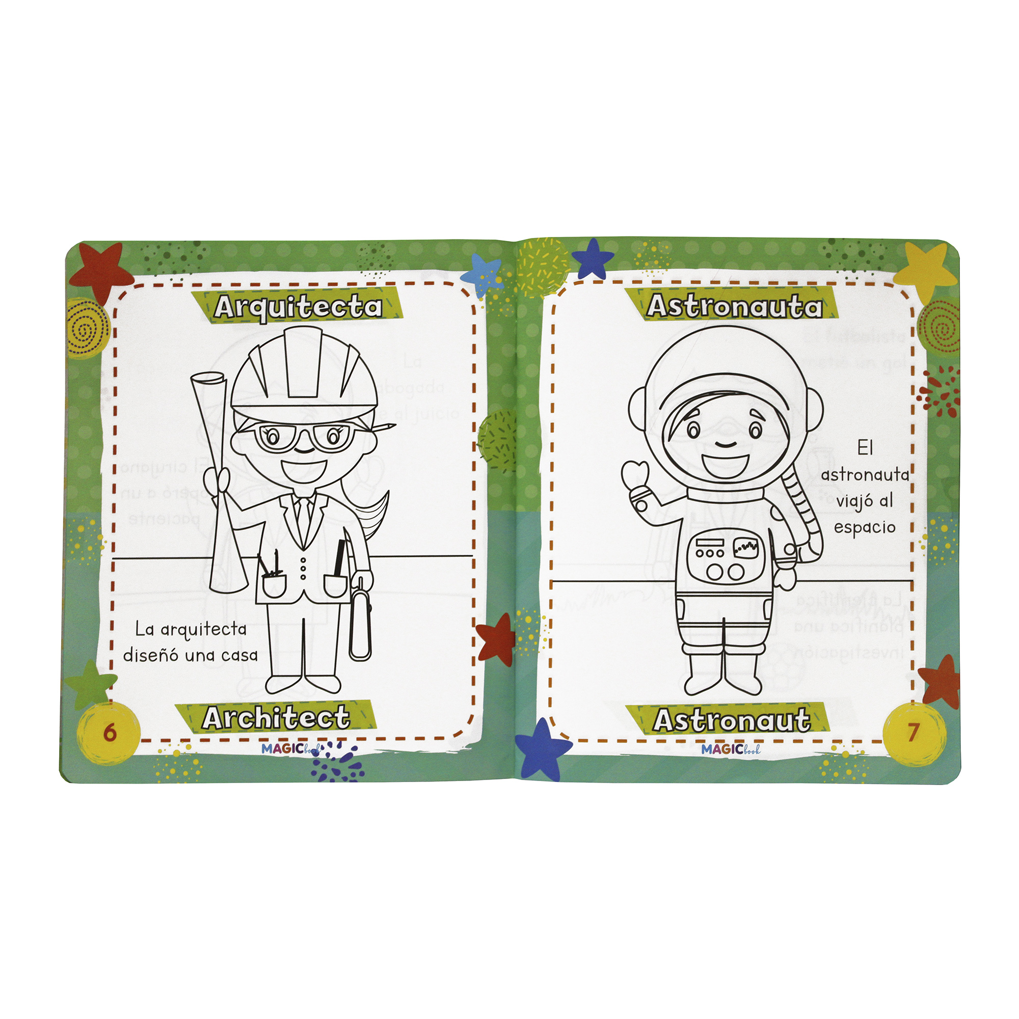 Profesiones, libro bilingüe para colorear borrable, incluye 24 plumones y 12 colores 
