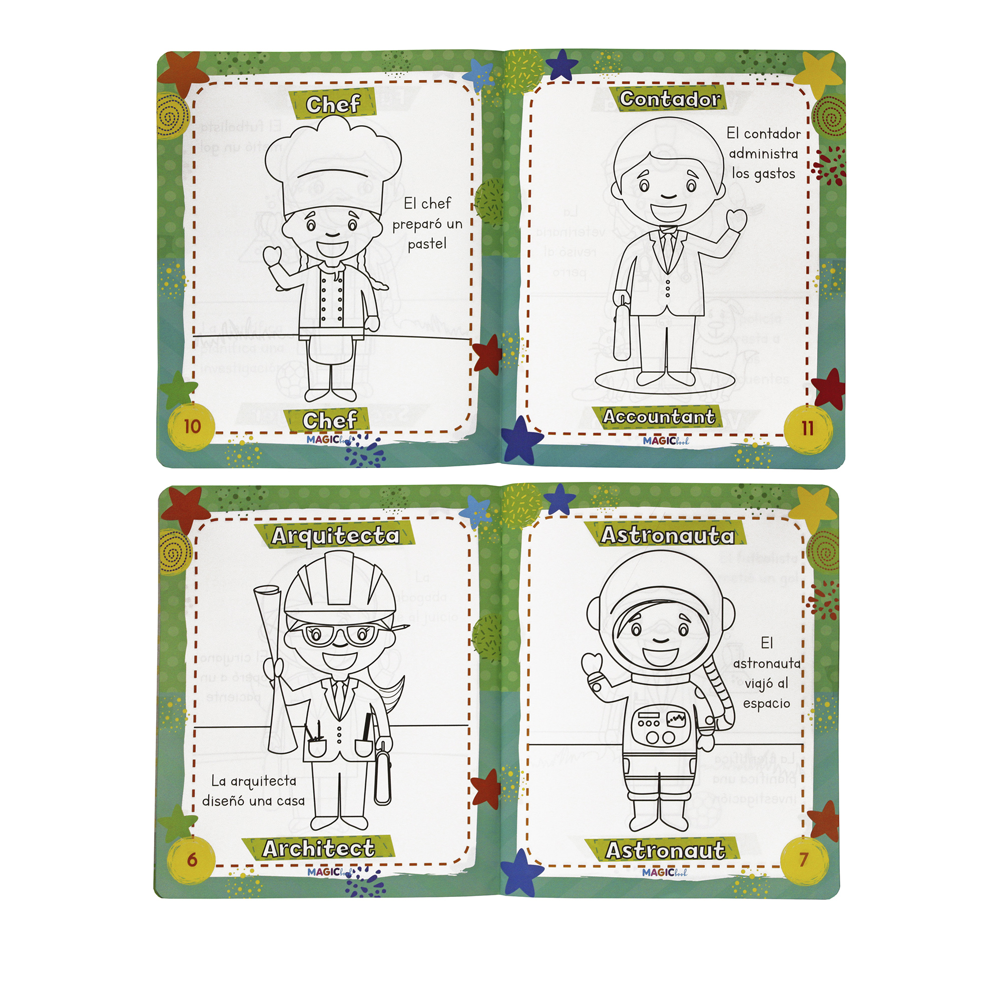 Profesiones, libro bilingüe para colorear borrable, incluye 24 plumones y 12 colores 