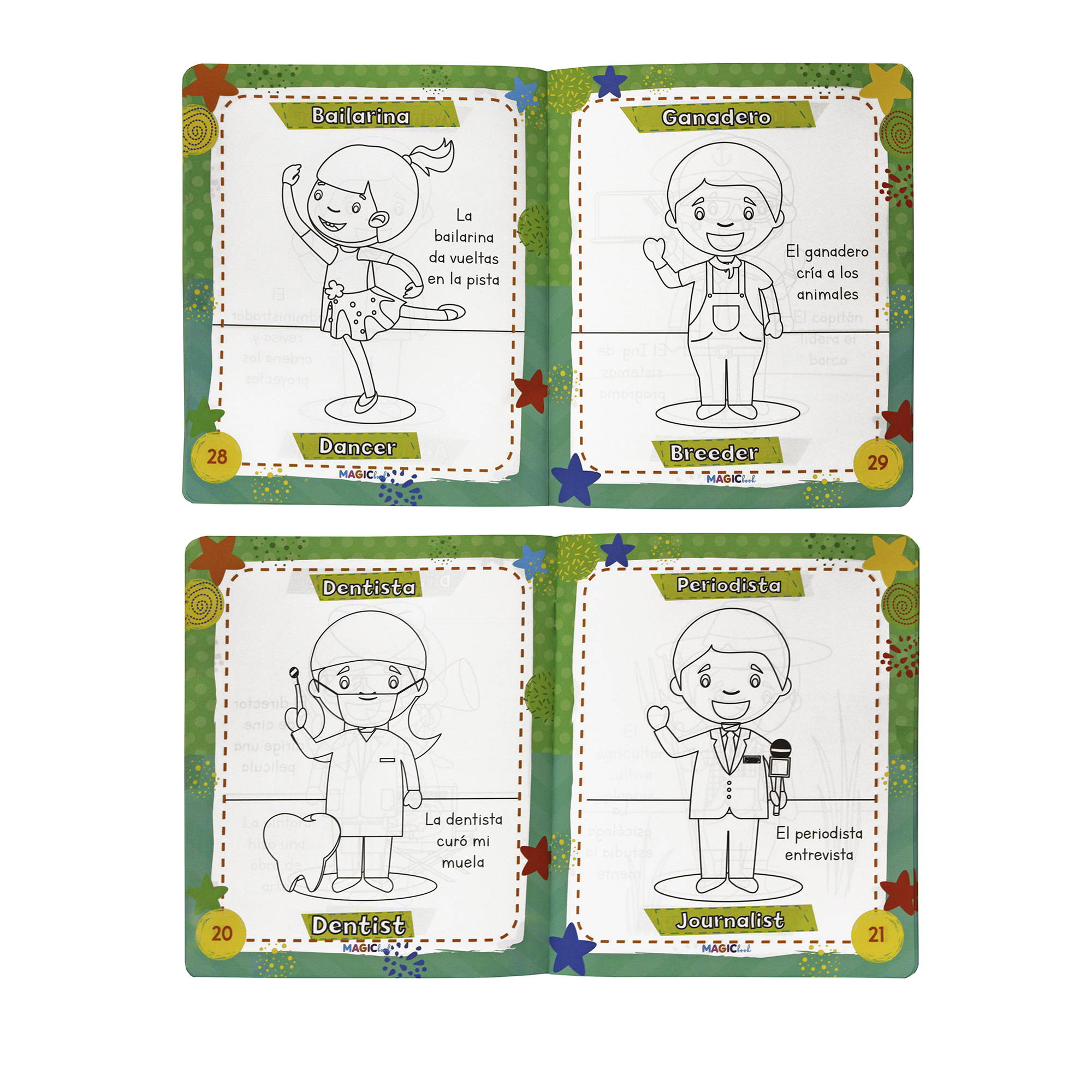 Profesiones, libro bilingüe para colorear borrable, incluye 24 plumones y 12 colores 